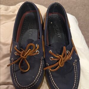 Sperry Kids Navy Moccasins with Tan Laces
